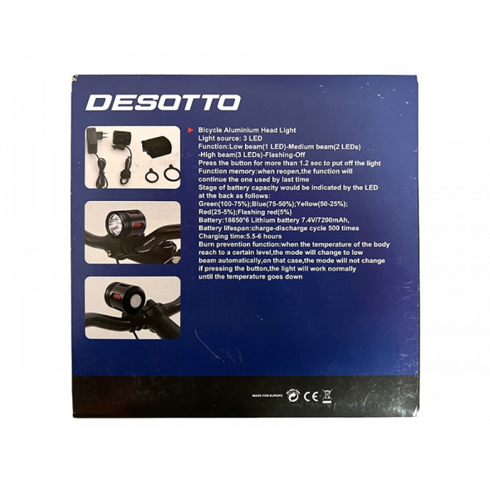 Вело-фара на Li аккумуляторе JY-8010-3K Desotto Вело-фара на Li аккумуляторе JY-8010-3K Desotto